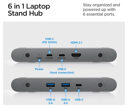 Spigen ArcDock Laptop Standaard met 6-in-1 Hub USB-A/USB-C 100W PD/4K HDMI Grijs afbeelding 3
