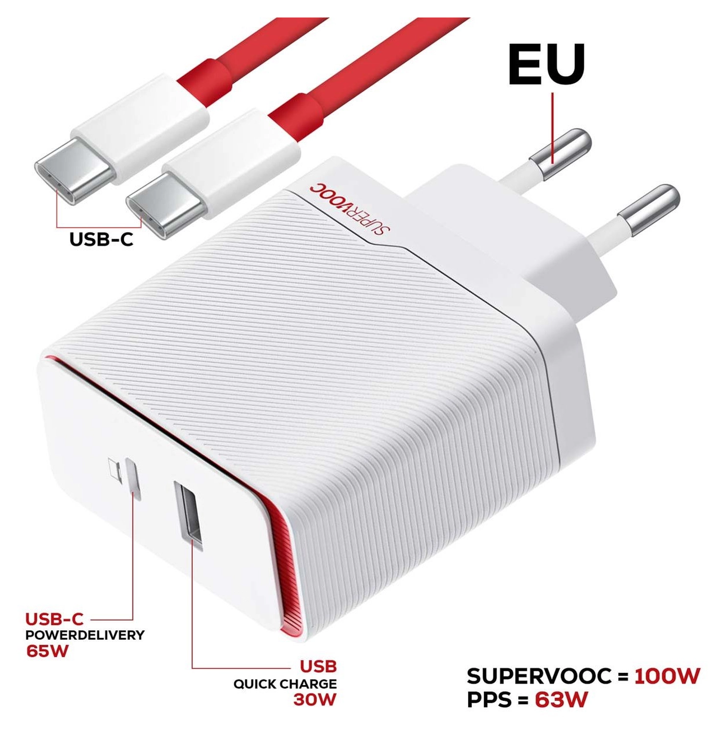 Originele OnePlus SuperVOOC USB‑A Snellader 100W + USB-A naar USB-C Kabel 1M Wit afbeelding 6