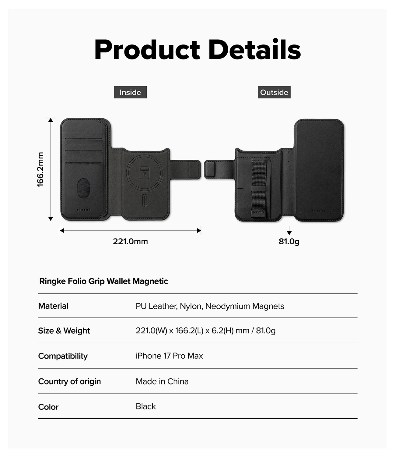 Ringke Folio Grip Wallet Magnetic Apple iPhone 17 Pro Max Hoesje Zwart afbeelding 6