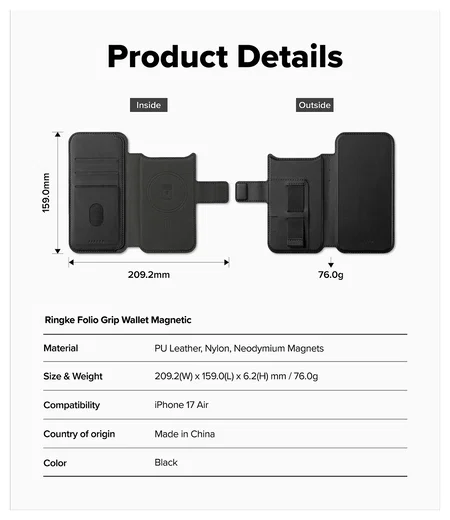 Ringke Folio Grip Wallet Magnetic Apple iPhone Air Hoesje Zwart afbeelding 6