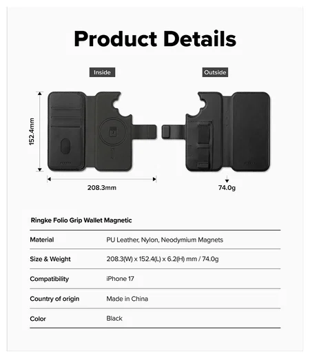 Ringke Folio Grip Wallet Magnetic Apple iPhone 17 Hoesje Zwart afbeelding 6