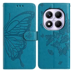 Xiaomi Redmi Note 14 Pro 4G Hoesje Vlinder Bloem Book Case Pasjeshouder Blauw afbeelding