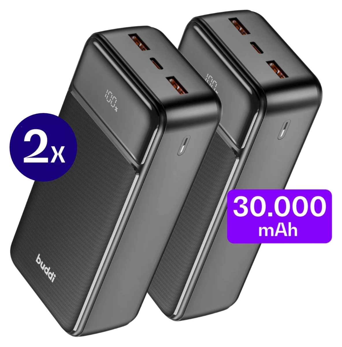Buddi Boost 30.000 mAh Powerbank Met Display Duo Pack Zwart 22.5W afbeelding 1