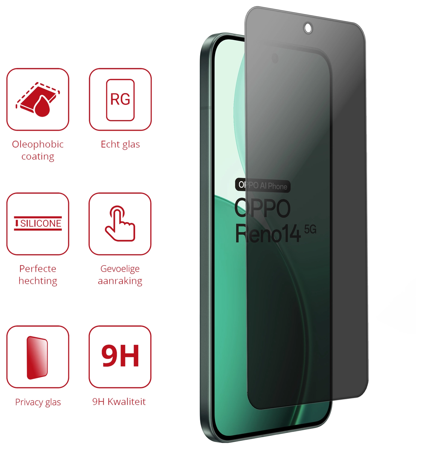 Rosso Oppo Reno 14 Pro 9H Tempered Glass Screen Protector Privacy afbeelding 2