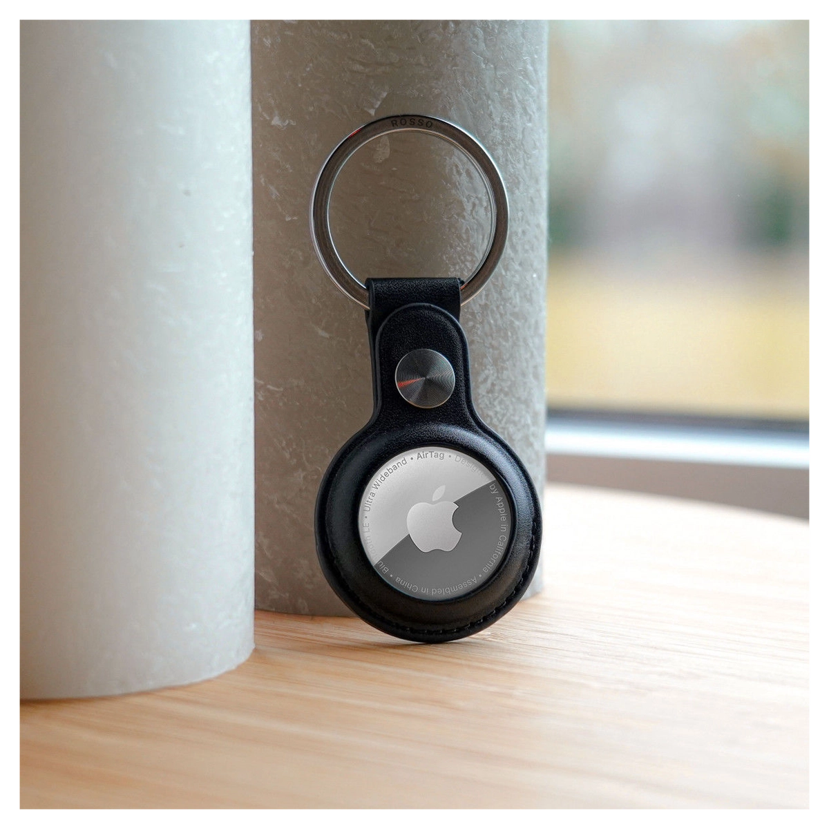 Rosso Element Apple AirTag Sleutelhanger Kunstleer Hoesje 2-Pack Zwart afbeelding 4