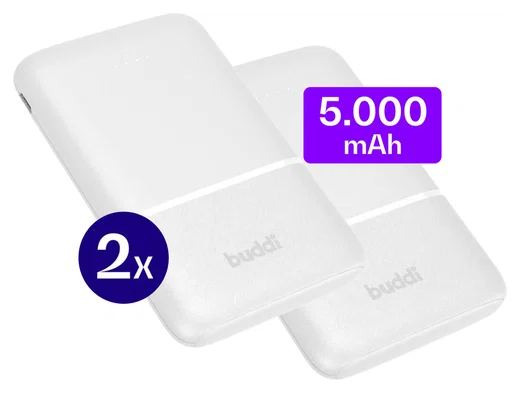 Buddi Go Powerbank USB-C Reisformaat Mini Compact 5.000 mAh Duo Pack Wit afbeelding 1
