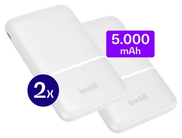 Buddi Go Powerbank USB-C Reisformaat Mini Compact 5.000 mAh Duo Pack Wit