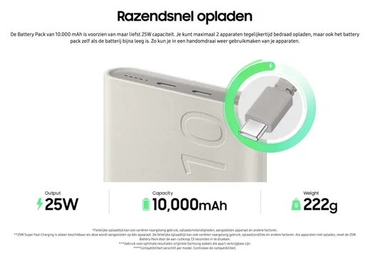 Originele Samsung 25W Wireless Powerbank met USB-C 10.000 mAh Duo Pack Beige afbeelding 6