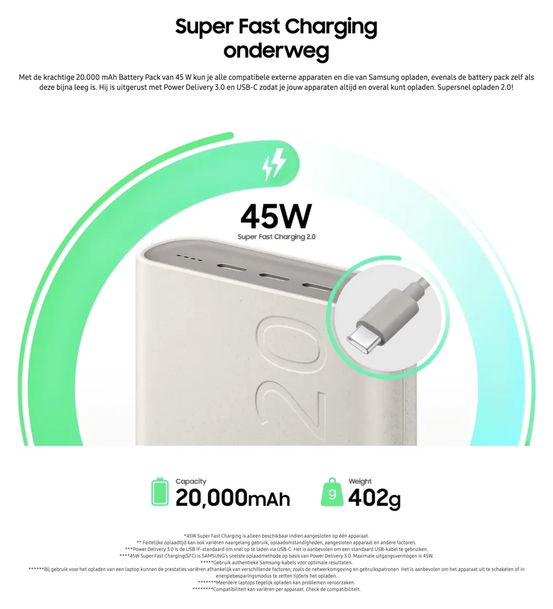 Originele Samsung 45W Fast Charge Trio USB-C Powerbank 20.000 mAh Duo Pack Beige afbeelding 3