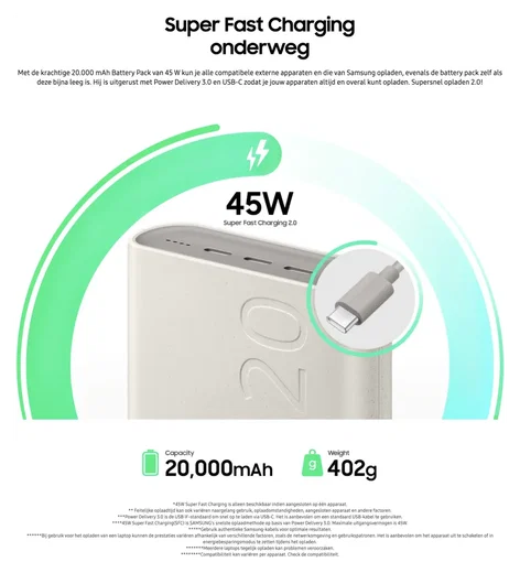 Originele Samsung 45W Fast Charge Trio USB-C Powerbank 20.000 mAh Duo Pack Beige afbeelding 3