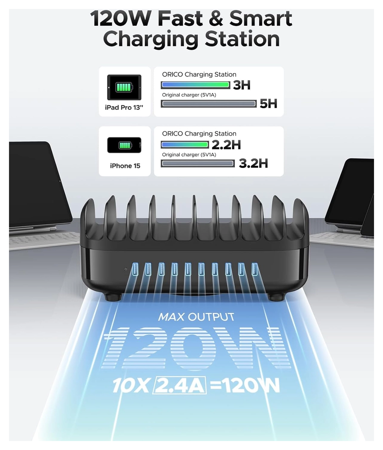 Orico USB-A Oplaad Station met 10 Poorten 120W met Smart Detect Zwart afbeelding 2