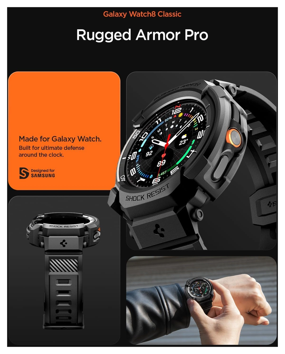 Spigen Rugged Armor Pro - Samsung Watch 8 Classic - Hoesje en Bandje - Zwart afbeelding 2