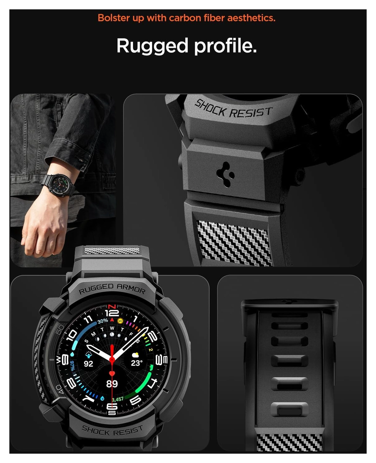 Spigen Rugged Armor Pro - Samsung Watch 8 Classic - Hoesje en Bandje - Zwart afbeelding 3
