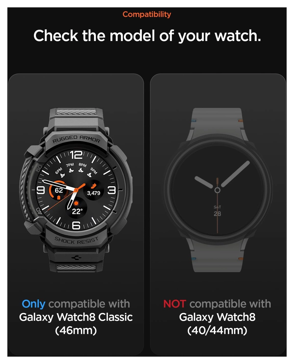 Spigen Rugged Armor Pro - Samsung Watch 8 Classic - Hoesje en Bandje - Zwart afbeelding 7