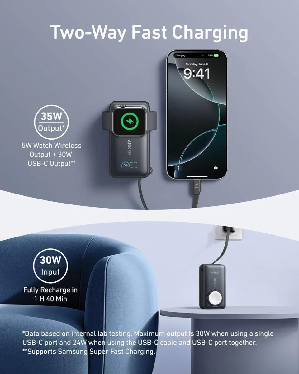 Anker MagGo (35W) 10.000 mAh Powerbank Telefoon en Apple Watch Oplader Zwart afbeelding 3