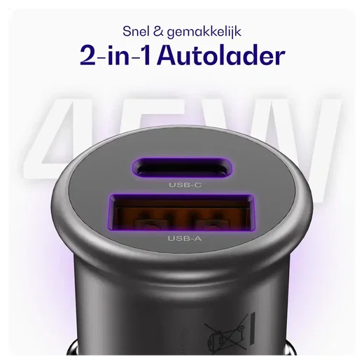 Buddi Power 45W Autolader met USB-C naar Lightning Krulsnoer afbeelding 2