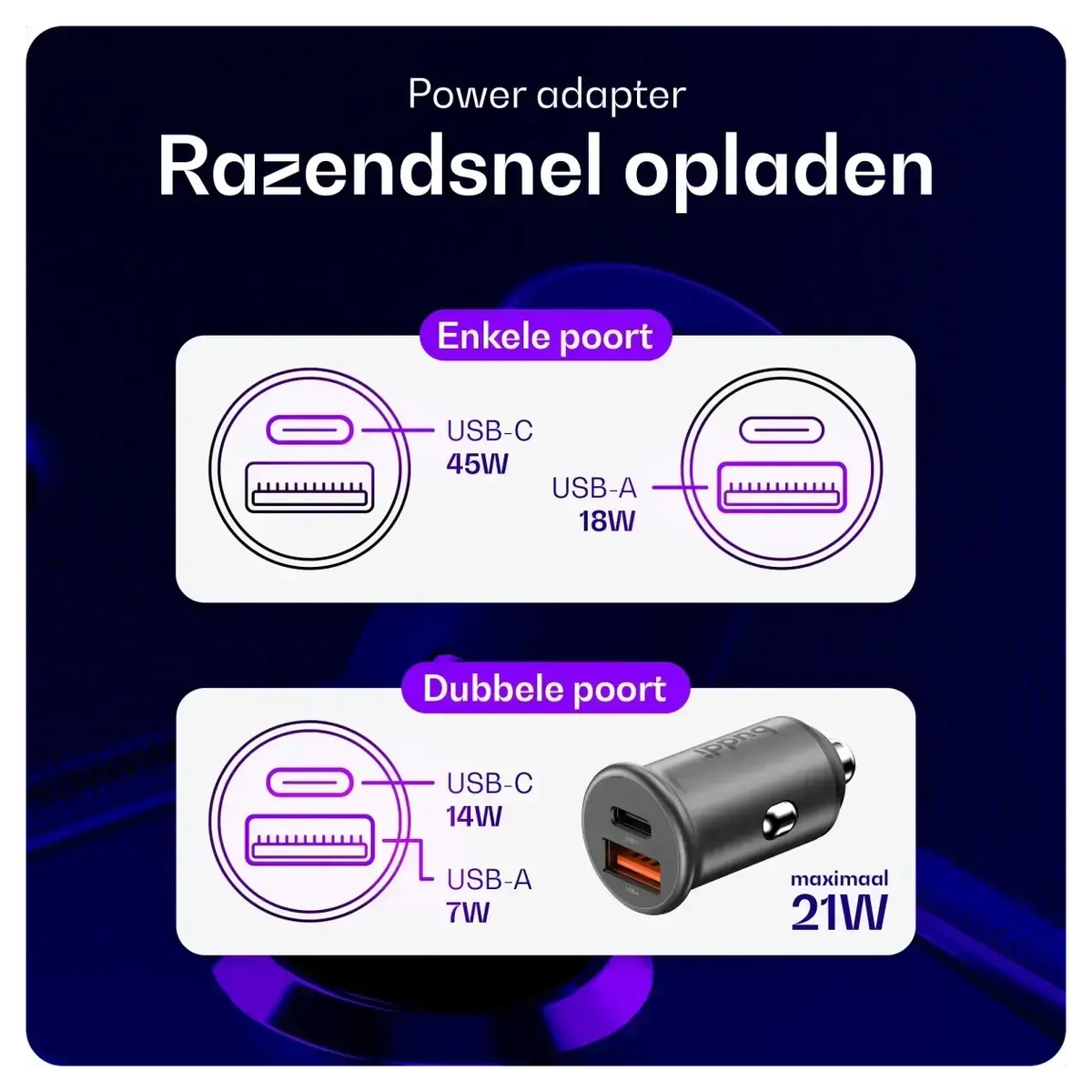 Buddi Power 45W Autolader met USB-C naar Lightning Krulsnoer afbeelding 8