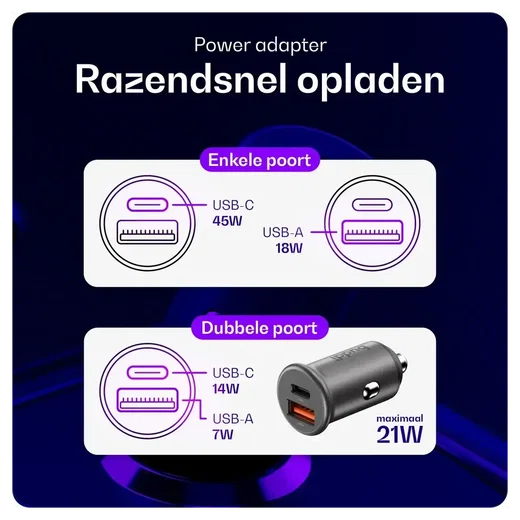 Buddi Power 45W Autolader met USB-C naar Lightning Krulsnoer afbeelding 8