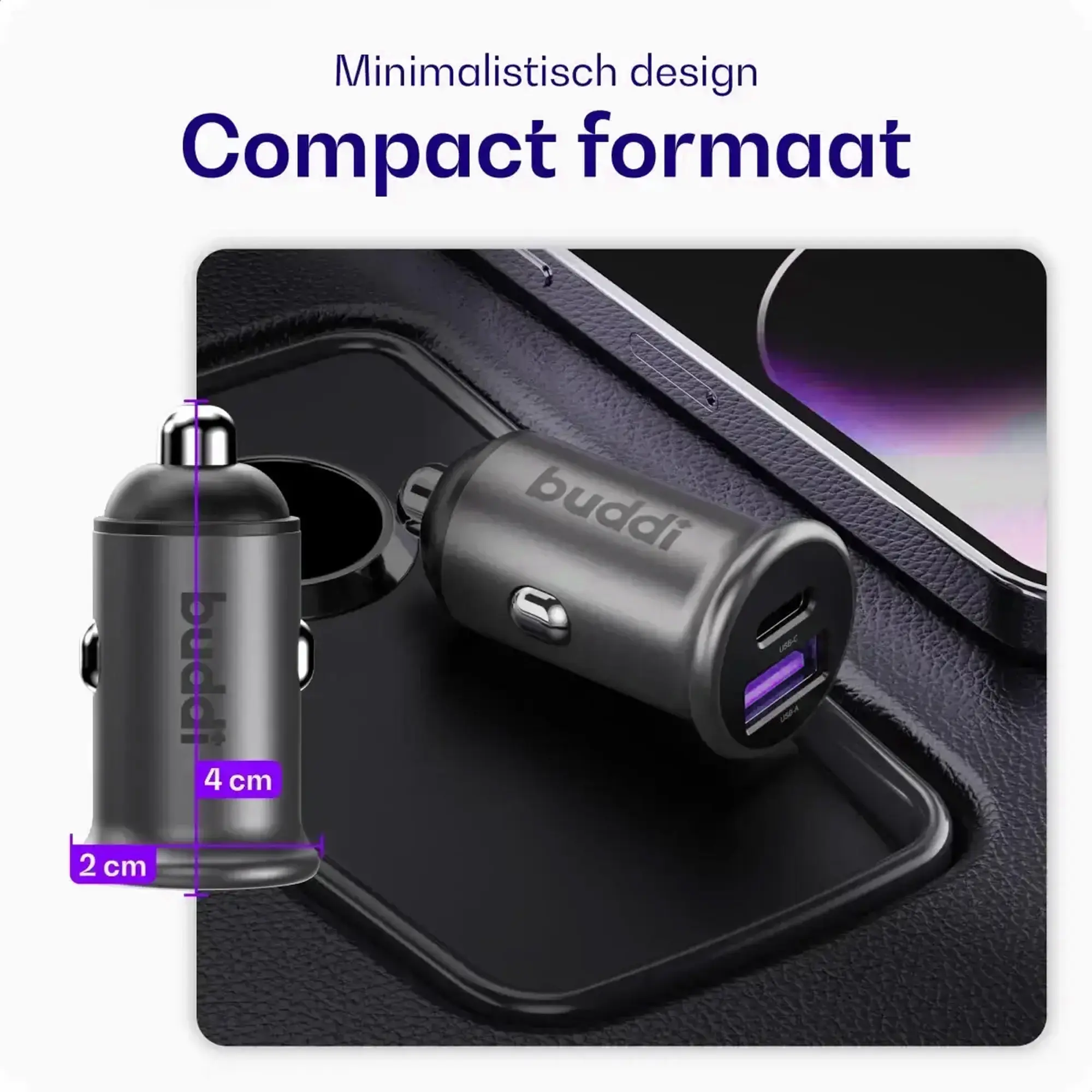 Buddi Power 45W Autolader met USB-C naar Lightning Krulsnoer afbeelding 4