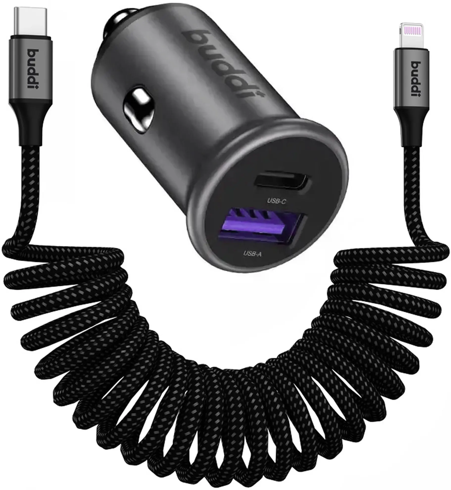 Buddi Power 45W Autolader met USB-C naar Lightning Krulsnoer afbeelding 1