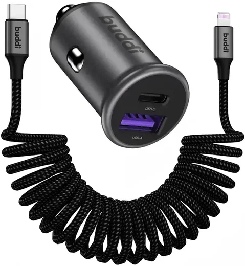 Buddi Power 45W Autolader met USB-C naar Lightning Krulsnoer afbeelding 1