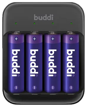 Buddi Battery Charger AA + AAA Batterij USB-C Oplader 4 Stuks Zwart