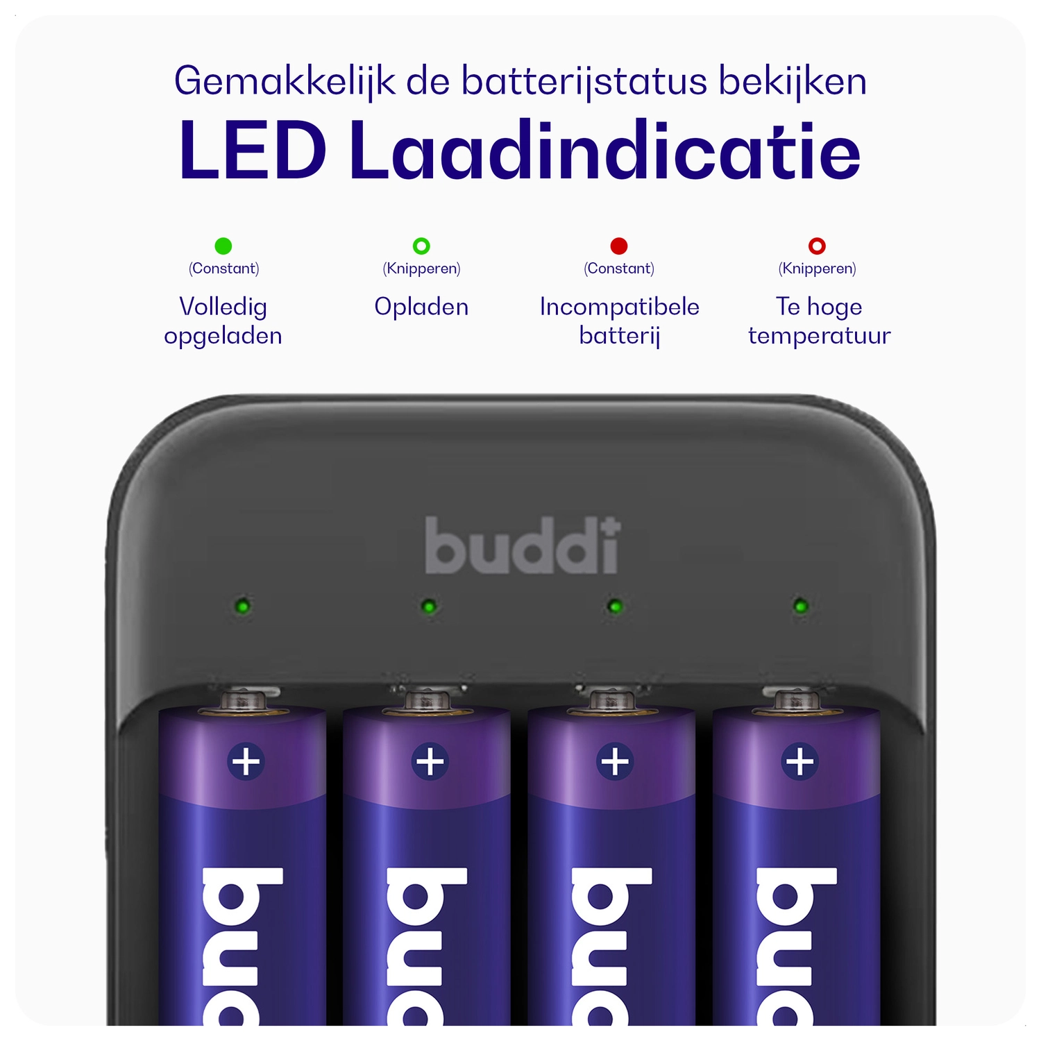 Buddi Battery Charger AA + AAA Batterij USB-C Oplader 4 Stuks Zwart afbeelding 3