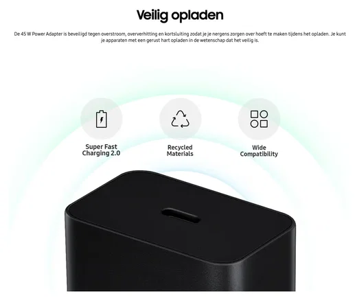Originele Samsung 45W Efficiency Adapter met USB-C Kabel 1.8 Meter 5A Wit afbeelding 4