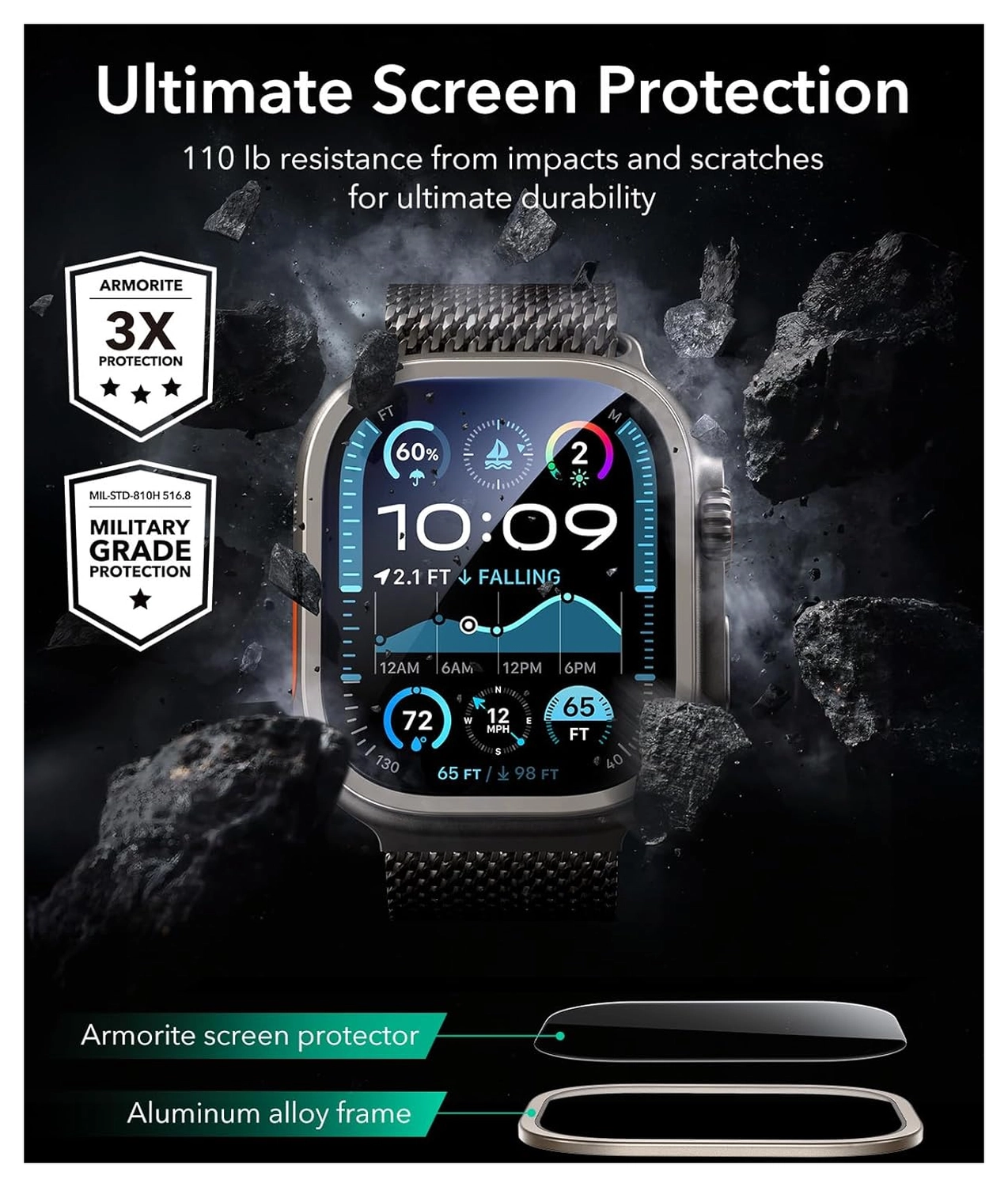 ESR Armorite - Apple Watch Ultra 3/2/1 Tempered Glass - Titanium Oranje (2-Pack) afbeelding 3