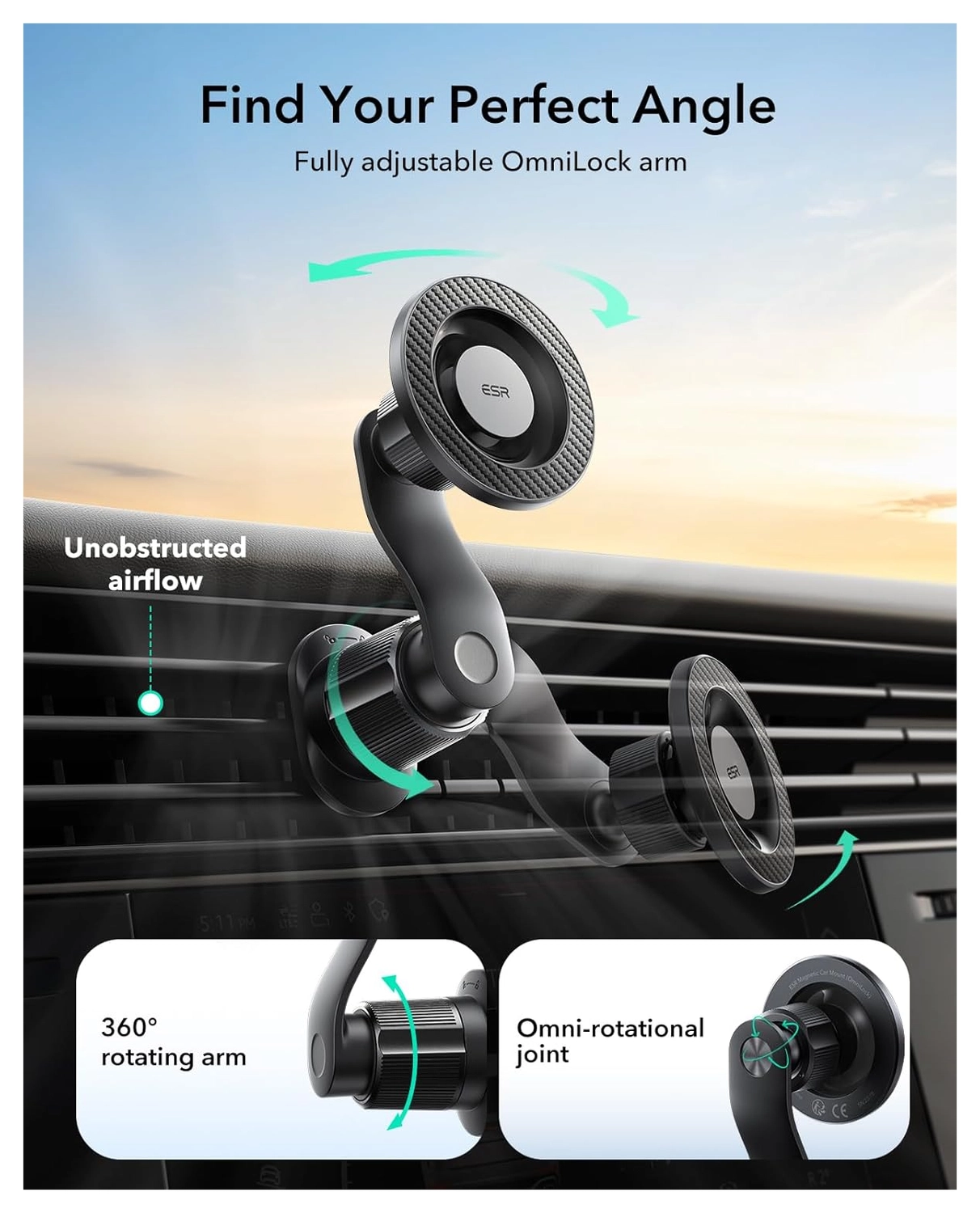ESR OmniLock MagSafe Ventilatierooster Telefoonhouder Auto Zwart afbeelding 5