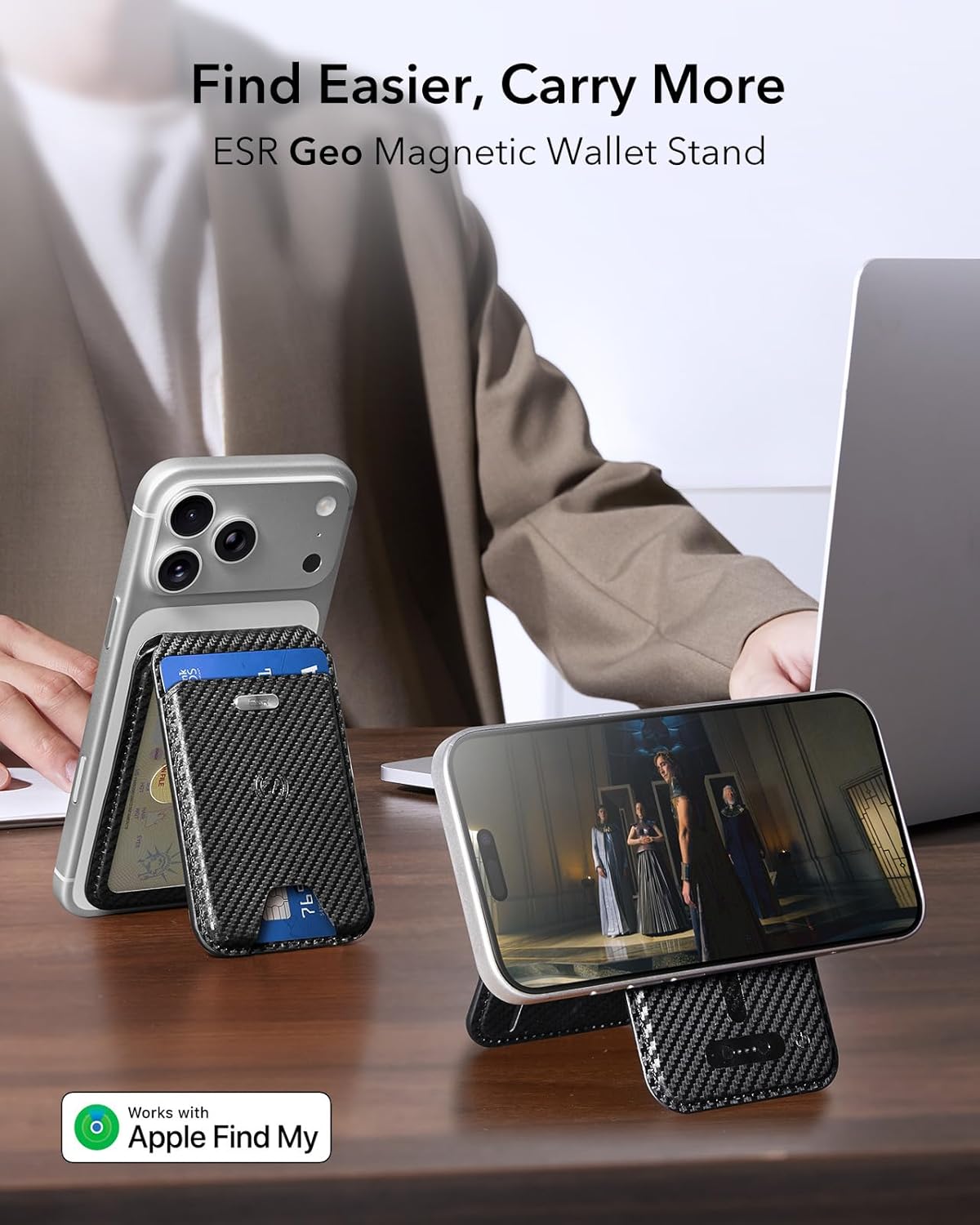 ESR Classic Geo Wallet MagSafe Pasjeshouder met Standaard en Zoek Mijn Carbon afbeelding 2