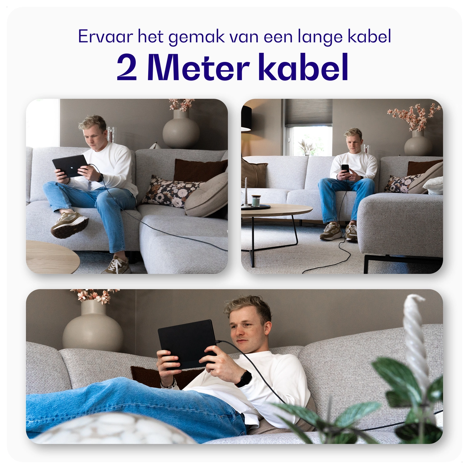 Buddi Flex USB-C naar USB-C Kabel 60W Fast Charge 2M Wit afbeelding 3