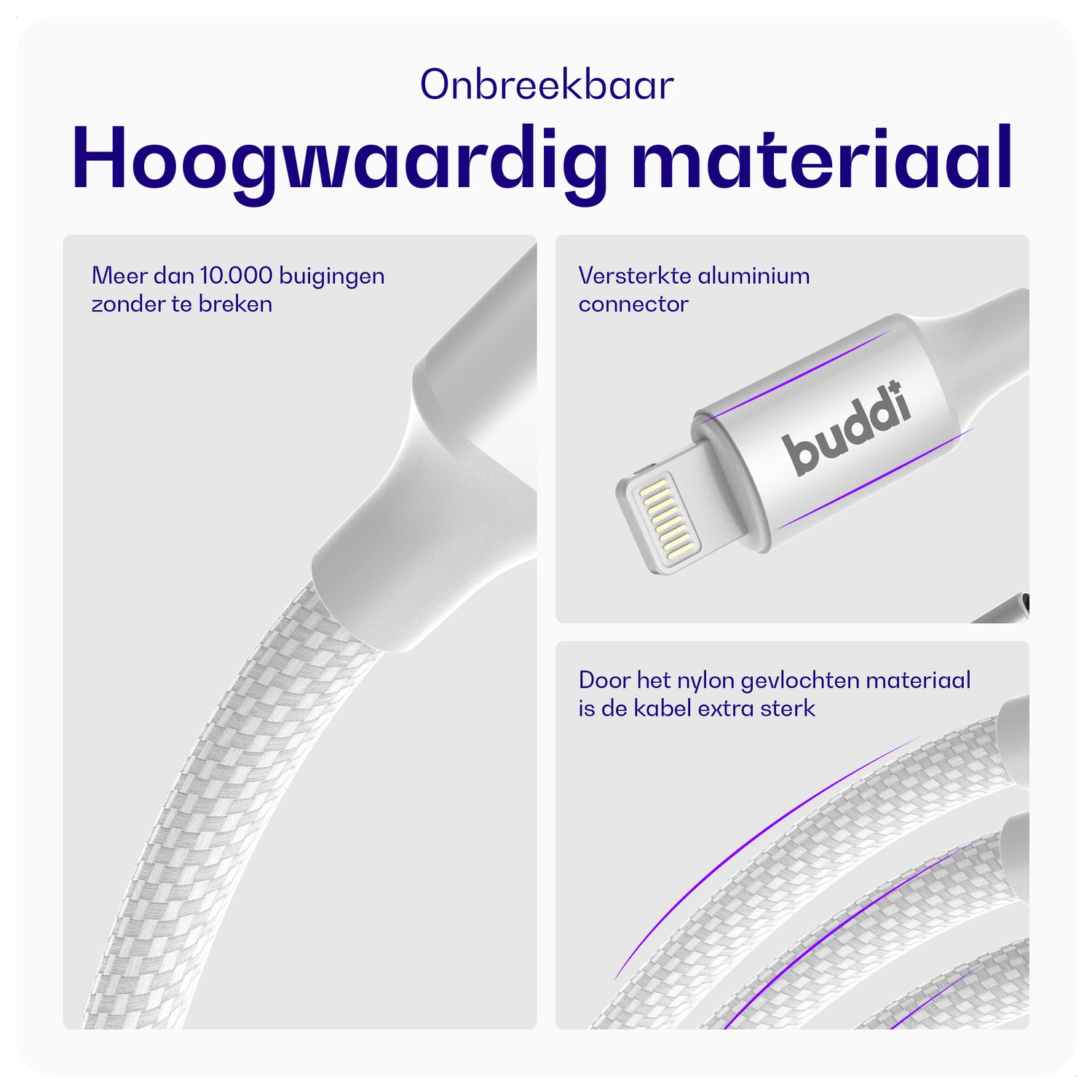 Buddi Flex USB-C naar Lightning Kabel 20W Fast Charge 1M Wit afbeelding 2