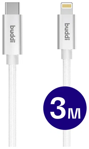 Buddi Flex USB-C naar Lightning Kabel 20W Fast Charge 3M Wit afbeelding 1