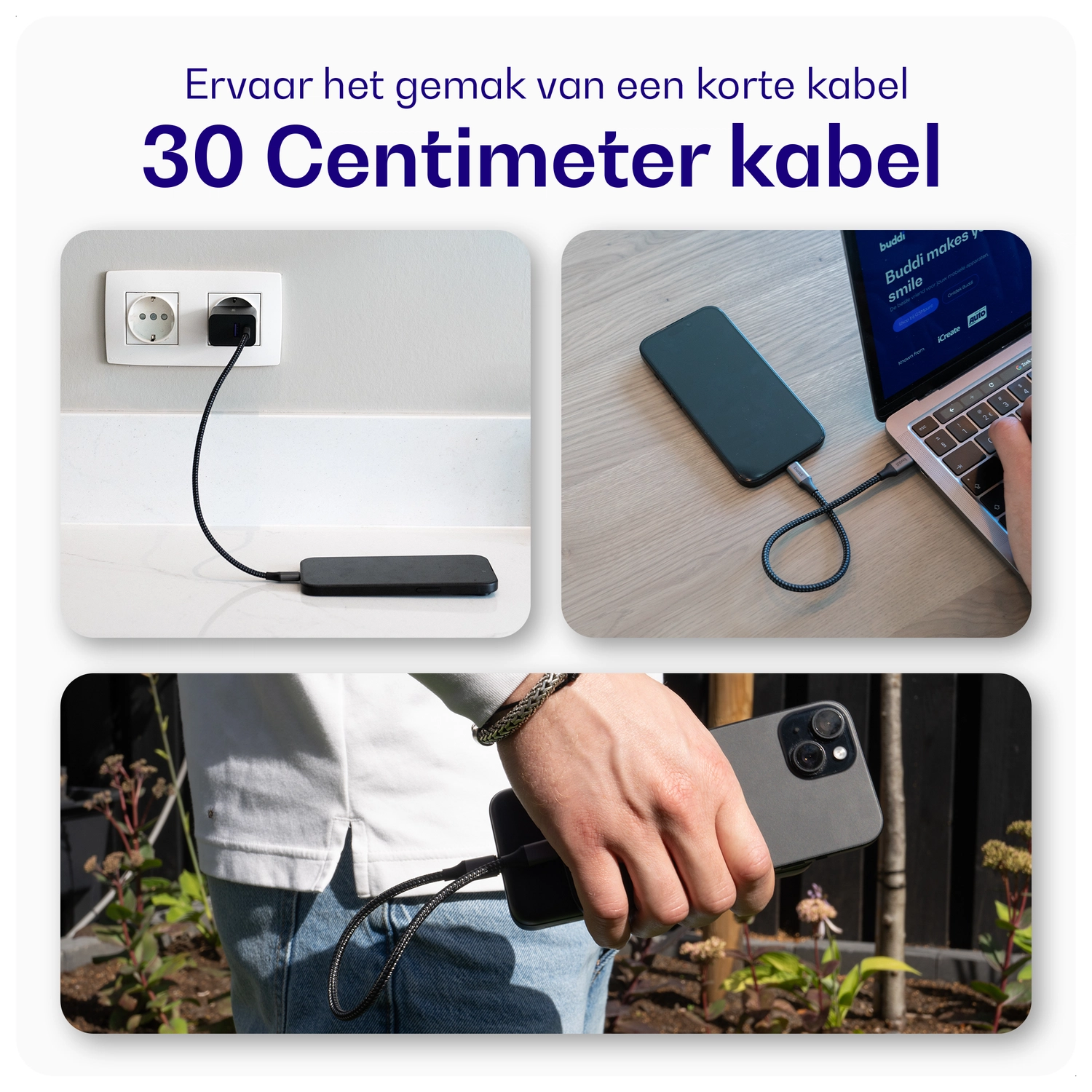 Buddi Flex USB-A naar Lightning Kabel 12W Fast Charge 30CM Wit afbeelding 5