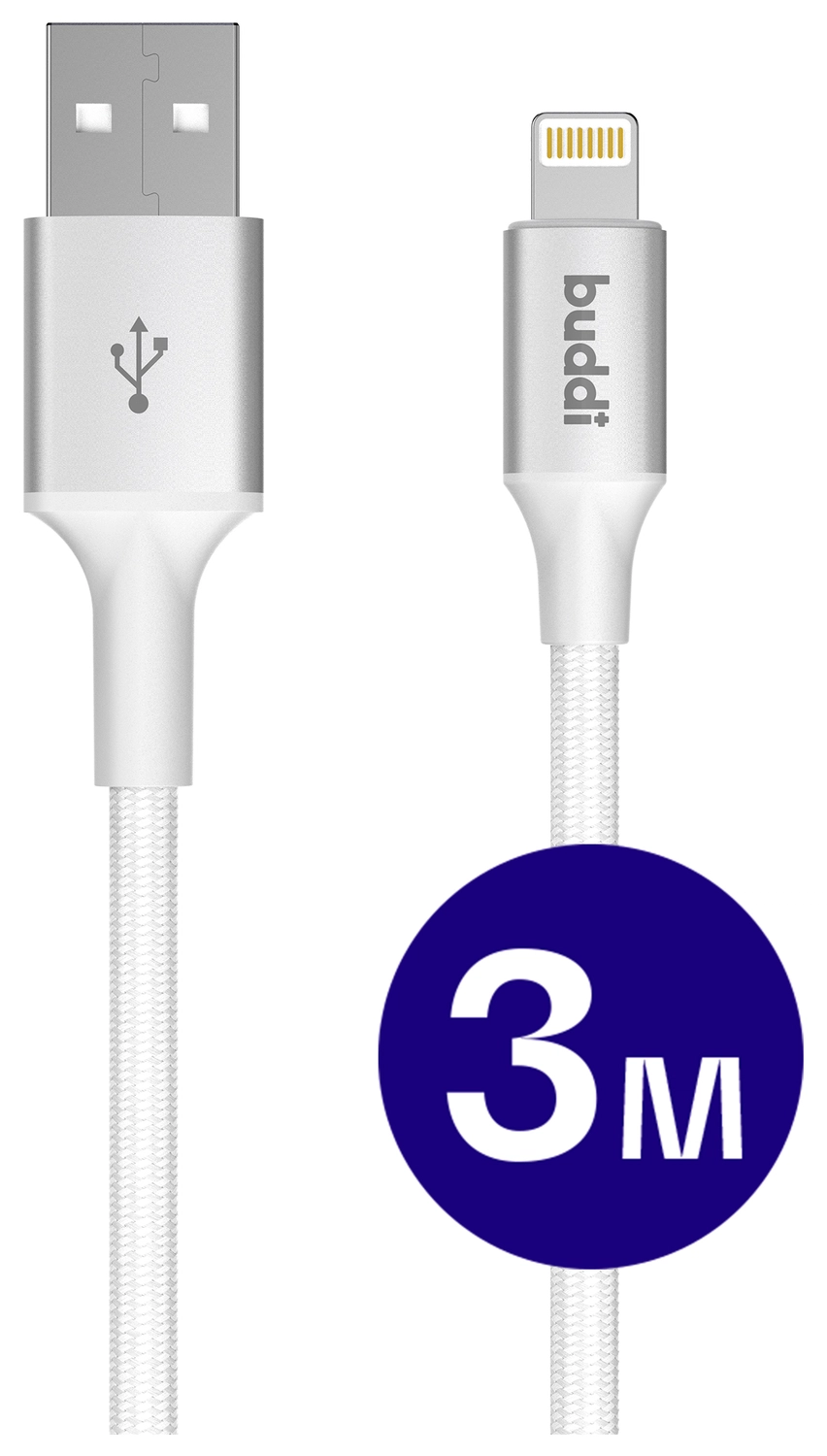 Buddi Flex USB-A naar Lightning Kabel 12W Fast Charge 3M Wit afbeelding 1