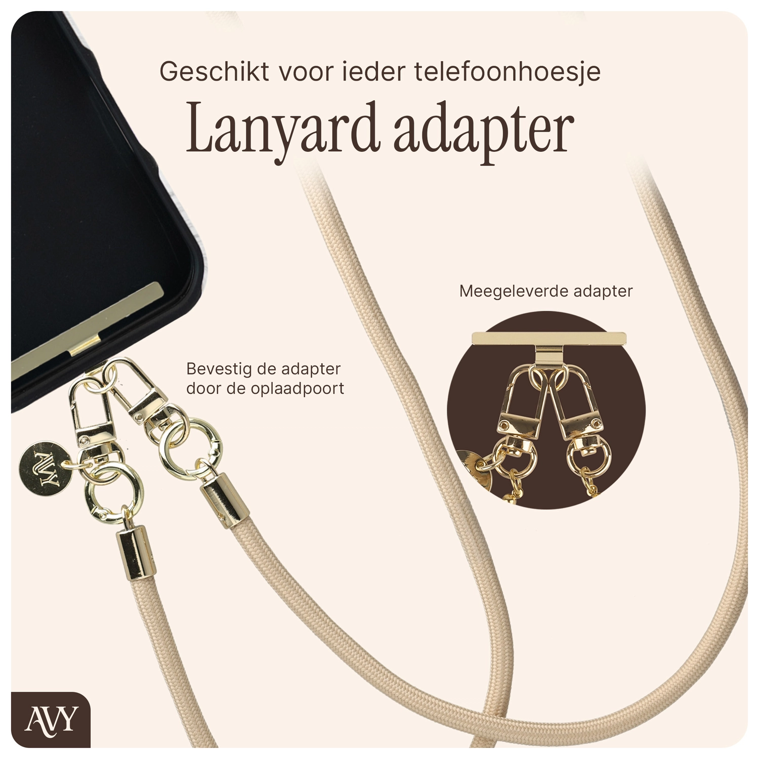 AVY Verstelbaar Crossbody Telefoonkoord / Telefoontouw (130CM) Tressé Beige afbeelding 7