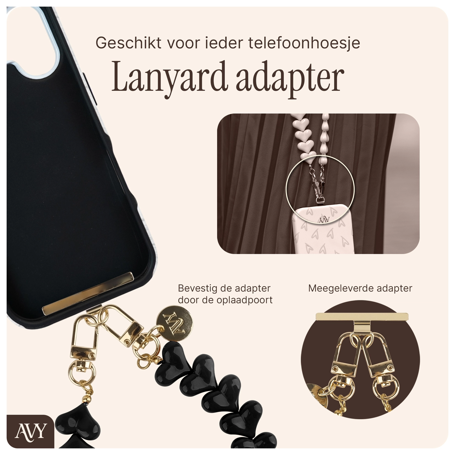 AVY Universele Hartjes Armband Polsband Telefoonkoord (30CM) Cupid Black afbeelding 8