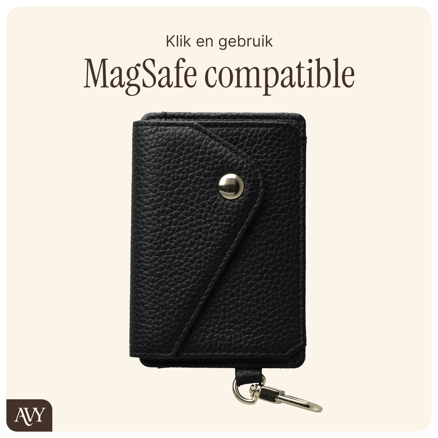 AVY MagSafe Kaarthouder / Pasjeshouder met Drukknoop en Haakje Leer Zwart afbeelding 6
