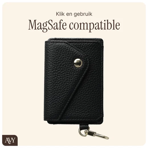 AVY MagSafe Kaarthouder / Pasjeshouder met Drukknoop en Haakje Leer Zwart afbeelding 6