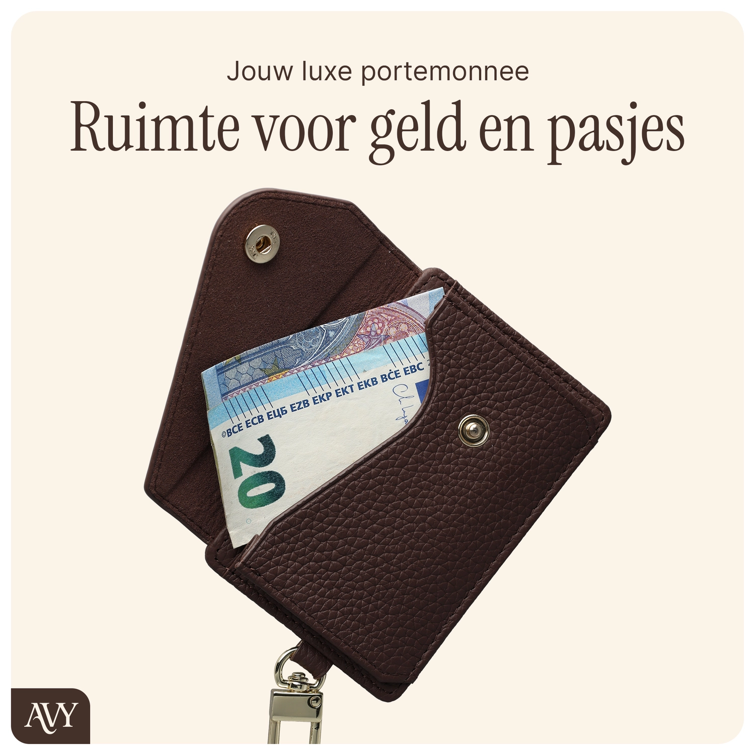 AVY MagSafe Kaarthouder / Pasjeshouder met Drukknoop en Haakje Leer Chocolate afbeelding 4