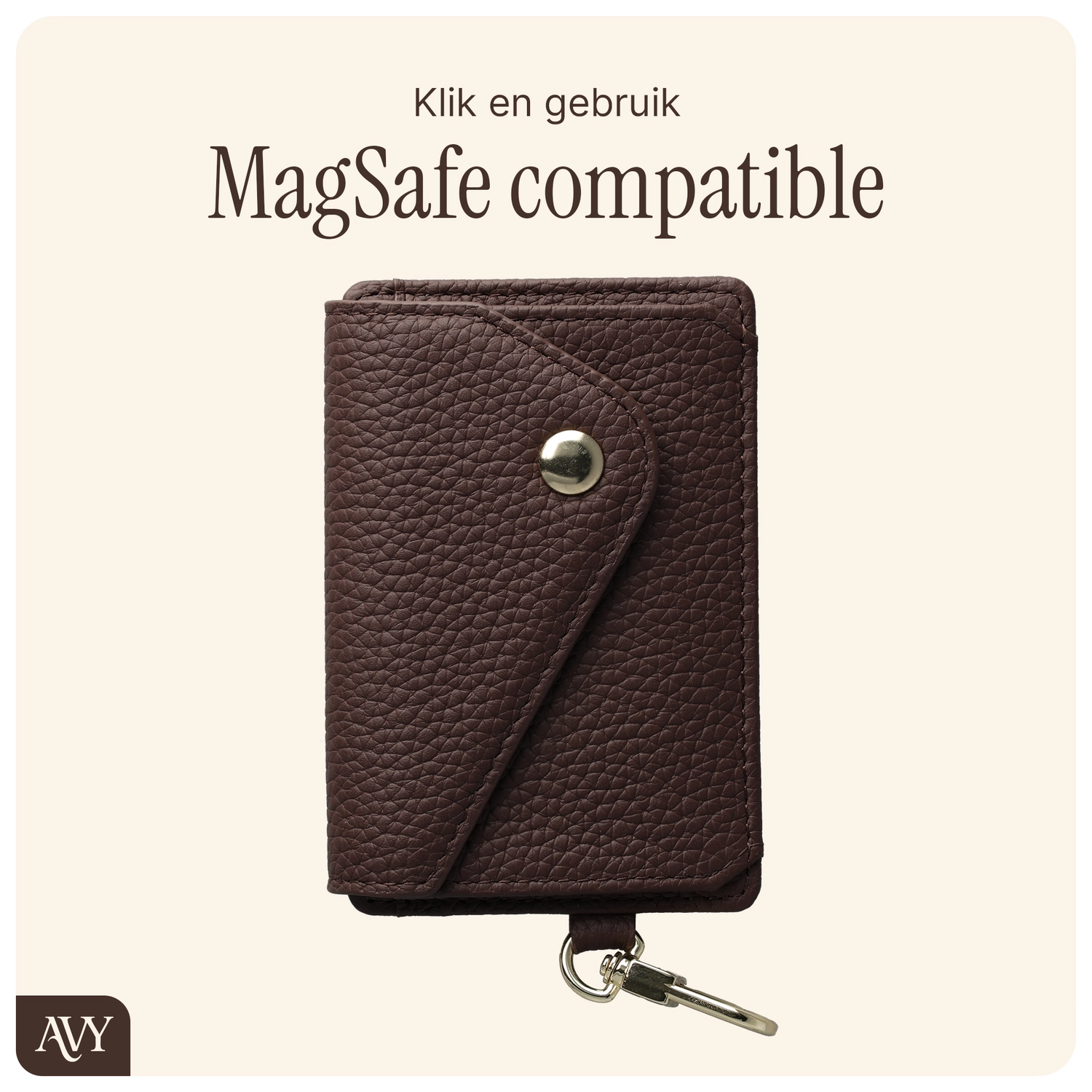 AVY MagSafe Kaarthouder / Pasjeshouder met Drukknoop en Haakje Leer Chocolate afbeelding 5