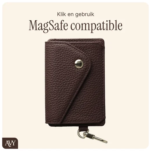AVY MagSafe Kaarthouder / Pasjeshouder met Drukknoop en Haakje Leer Chocolate afbeelding 5