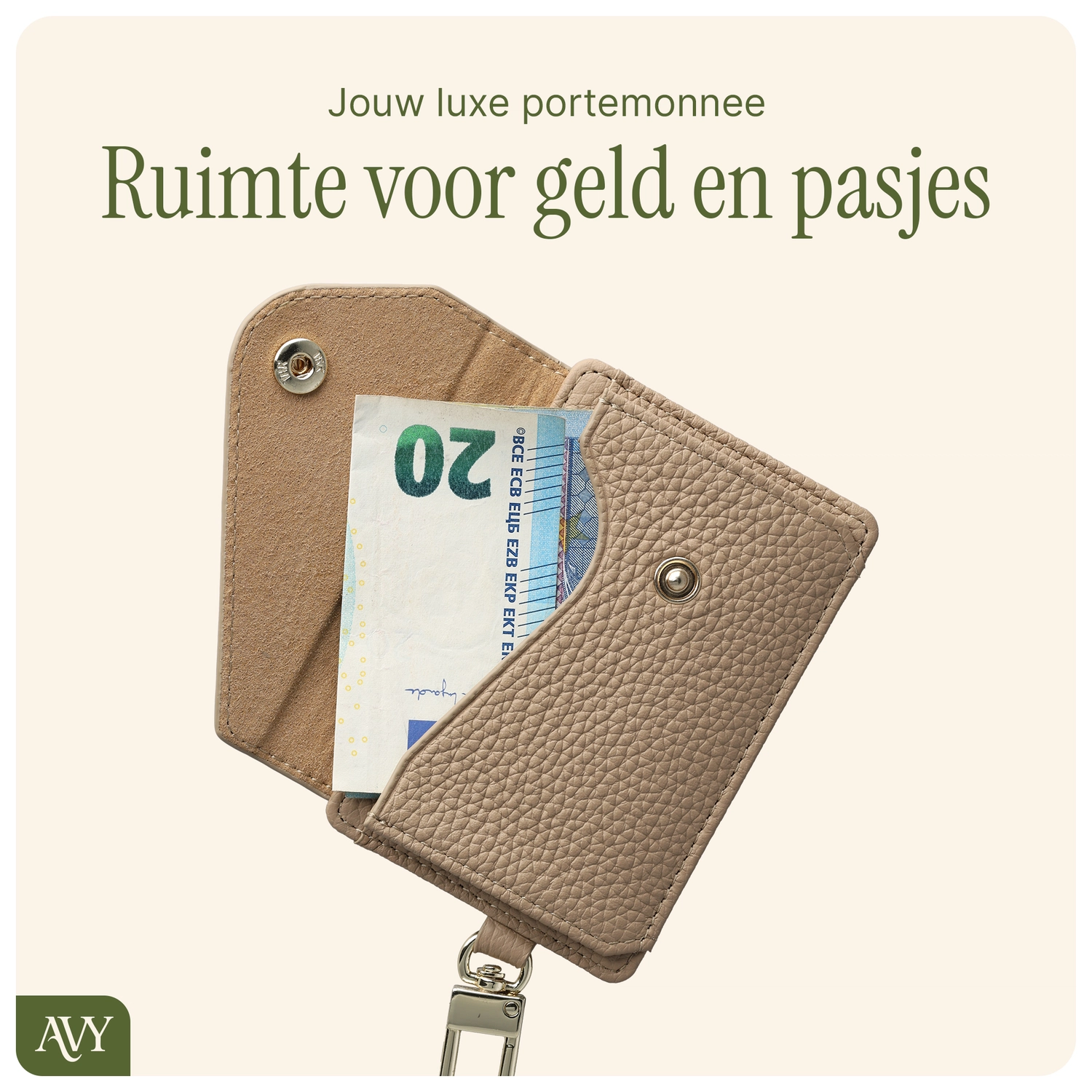 AVY MagSafe Kaarthouder / Pasjeshouder met Drukknoop en Haakje Leer Beige afbeelding 4