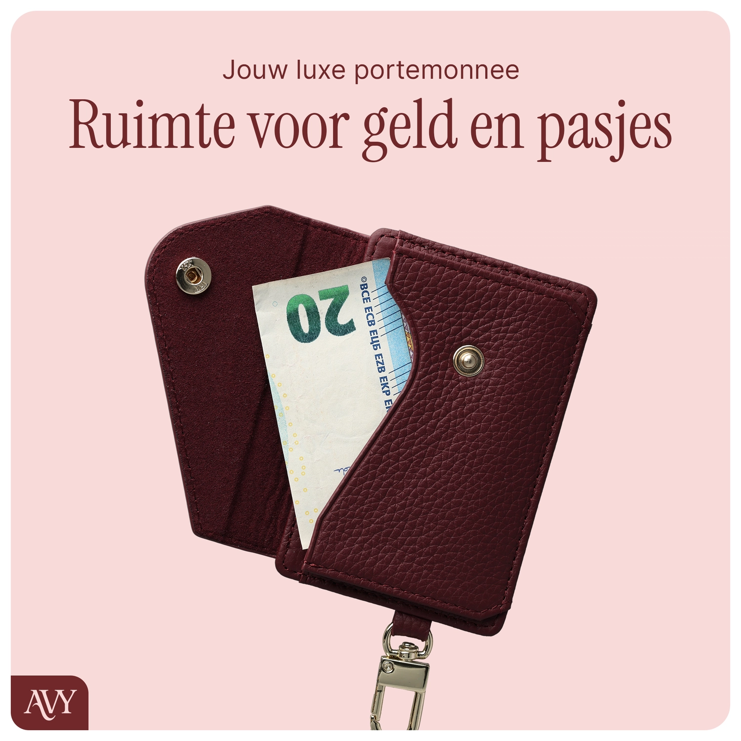 AVY MagSafe Kaarthouder / Pasjeshouder met Drukknoop en Haakje Leer Burgundy afbeelding 4