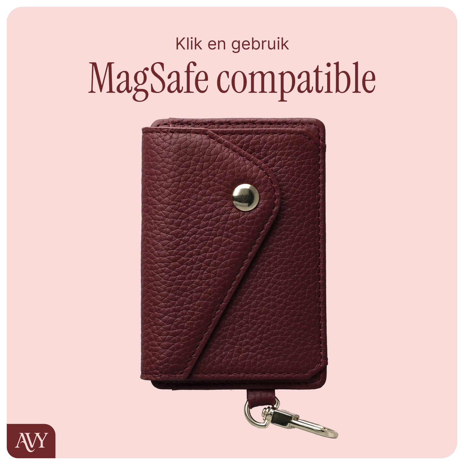 AVY MagSafe Kaarthouder / Pasjeshouder met Drukknoop en Haakje Leer Burgundy afbeelding 5