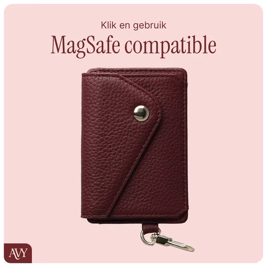 AVY MagSafe Kaarthouder / Pasjeshouder met Drukknoop en Haakje Leer Burgundy afbeelding 5