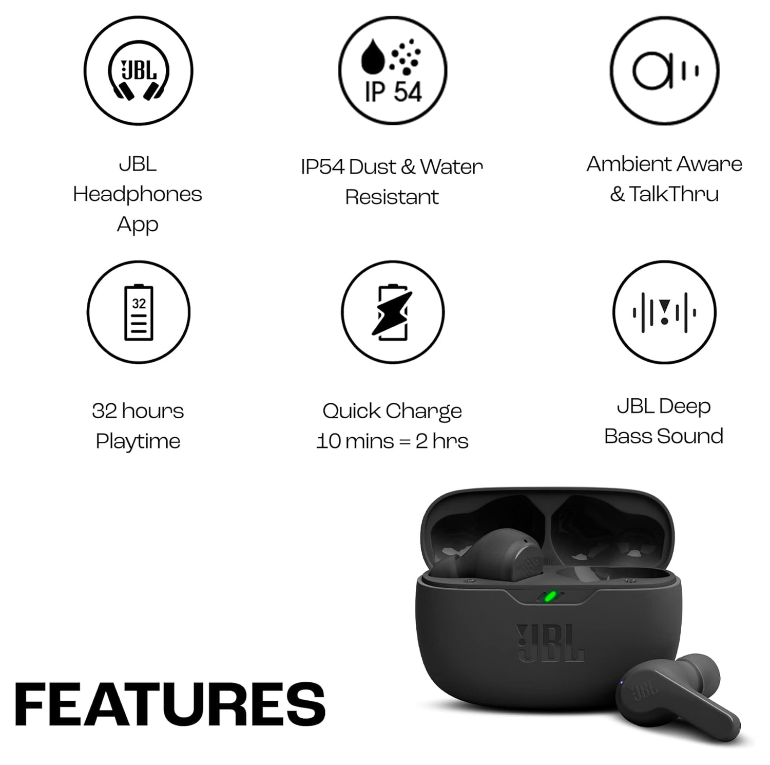 JBL Wave Beam Draadloze Bluetooth In-Ear Oordopjes met JBL Deep Bass Sound Zwart afbeelding 2