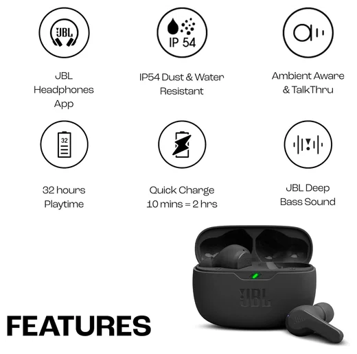 JBL Wave Beam Draadloze Bluetooth In-Ear Oordopjes met JBL Deep Bass Sound Zwart afbeelding 2