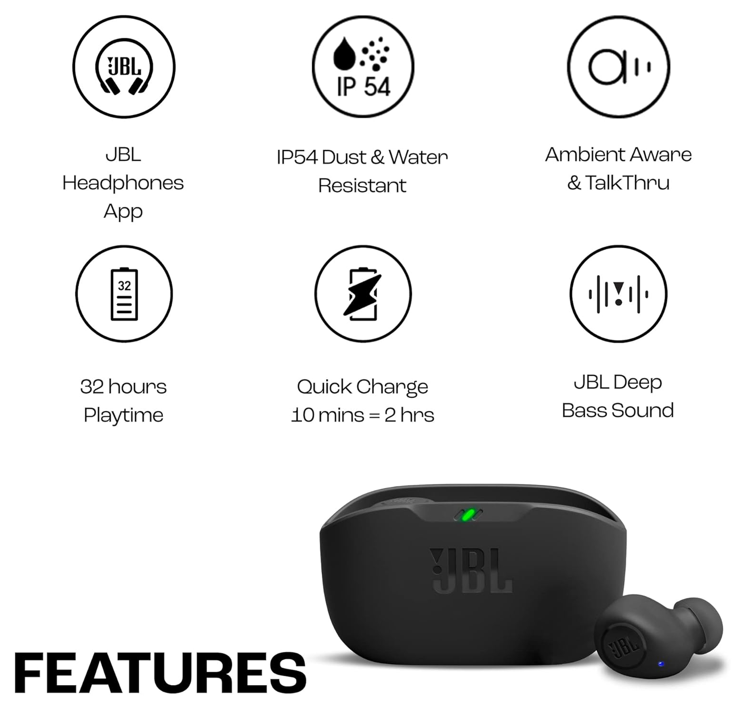 JBL Wave Buds Draadloze Bluetooth 5.2 Oordopjes met JBL Deep Bass Sound Zwart afbeelding 2